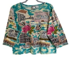 Take Two Clothing Co Italy Travel Print Top Multicolor Cotton 3/4 Sleeve Size 1X